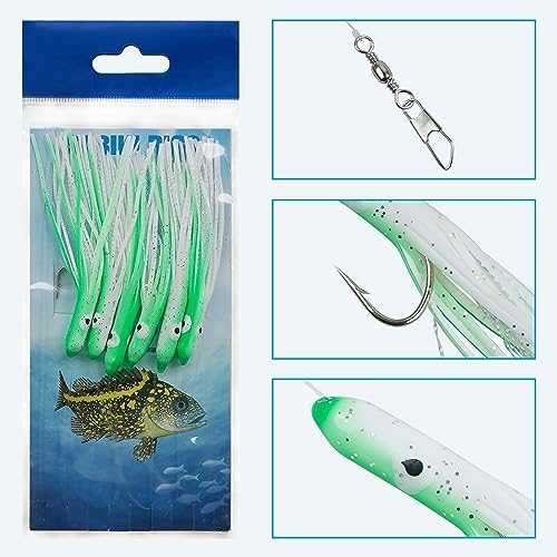 Fishing Bait Rigs Saltwater Set, 6 Packs Squid Bait Lure Rigs Surf Fishing Rigs with Glow Soft Squid Skirt Hook Swivel Snap for Freshwater Saltwater - Image 5
