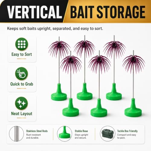 Universal Soft Bait Storage Holder System, Vertical Suspension Pin Design for Urchin & Dice Lures, Prevents Tentacle Deformation and Color Bleeding, 12 Pack (green) - Image 4