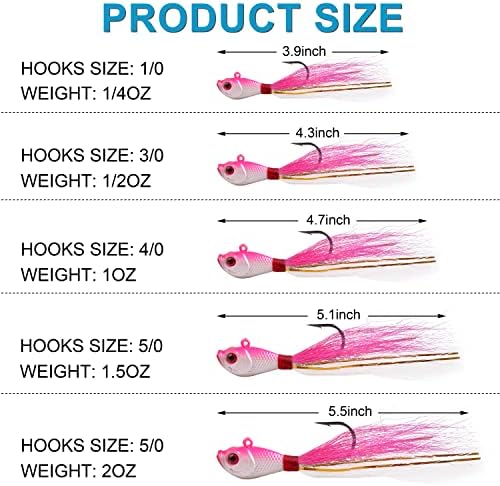 Bucktail Jigs Saltwater Hair Jig Lures, 5pcs Bucktail Jigs Fishing Lures Surf Fishing Jig Head Swimbait Jig Hook for Bass Flounder Striper 1/4oz 1/2oz 1oz 1.5oz - Image 3