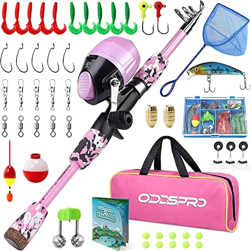 ODDSPRO Kids Fishing Pole Pink, Portable Telescopic Fishing Rod and Reel Combo Kit - with Spincast Fishing Reel Tackle Box for Girls, Youth by ODDSPRO