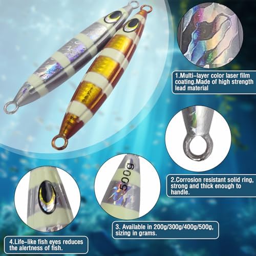 Eupheng Heavy Duty Fishing Jigs Saltwater 200g/300g/400g/500g, Glow in Dark Roller Slow Fall Lead Jig Deep Sea Fishing Jigging Lures for Tuna, Salmon, Sailfish, Grouper Snapper - Image 4