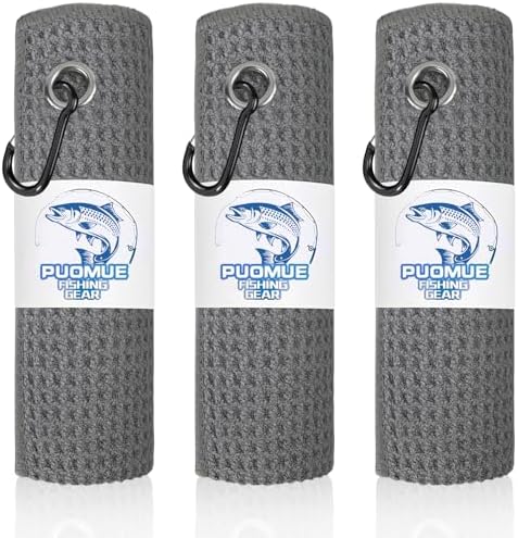 Puomue 3 Pack Microfiber Fishing Towels with Clip, 16" x 16", Waffle Pattern for Effective Cleaning of Fishing Gears or Dirty Hands, Perfect for Camping Towels and Hiking Towles (Grey, 16"x16") by Puomue