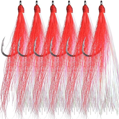 Bucktail Teasers Fishing Hooks Saltwater Flounder Rig Bucktail Mylar Teasers Inserted Fishing Teaser Hooks for Jigs Spoons Lures Hi/Lo Rig Striped Bass Bluefish Flounder Surf Bottom Fishing by AGOOL