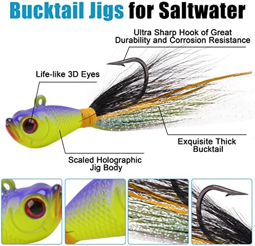 Bucktail Jigs Saltwater Hair Jig Lures, 5pcs Bucktail Jigs Fishing Lures Surf Fishing Jig Head Swimbait Jig Hook for Bass Flounder Striper 1/4oz 1/2oz 1oz 1.5oz - Image 2