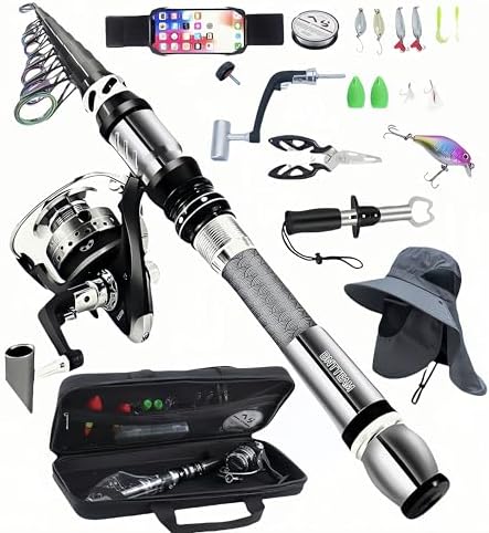 Portable Fishing Spinning Rod and Reel Combo Set Carbon Fiber Fluorescent Rod Tip, with Fishing Lures Line Carrier Bag Kits for Travel Surf Saltwater Freshwater by Unknown