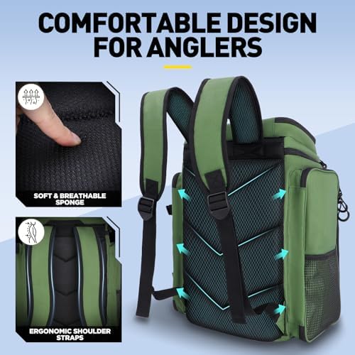 PLUSINNO Fishing Backpack with Rod Holders 4 Tackle Boxes, 42L Large Water-Resistant Fish Tackle Bag Store Fishing Gear, Camping, Hiking Gifts for Men Father, Green - Image 5