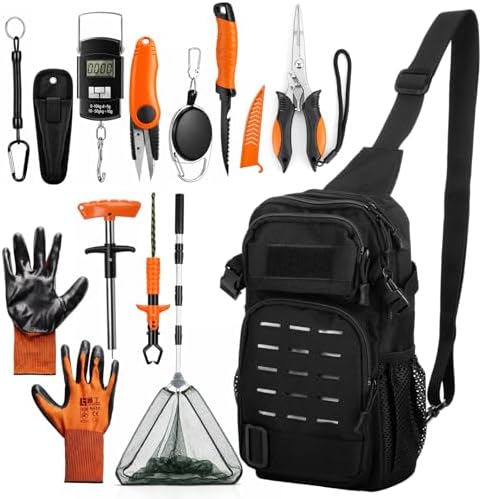 Fishing Gear Tool Kit, Fishing Backpack, Black Tackle Bag with Telescopic Net, Orange Tools Gripper Pliers Knife and Digital Scale, Fish Gifts Men Women by Unknown
