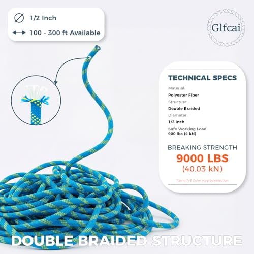 1/2 Inch Arborist Rigging Rope (150 Ft) | 9,000 lbs MBS Double Braid Polyester Bull Rope | ASTM F2116 Certified Static Line for Tree Removal, Heavy Limb Lowering & Utility Hoisting - Blue - Image 5