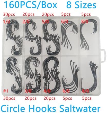 Afmivs Fishing Hooks Saltwater, 160PCS Circle Hooks Saltwater, Fish Hooks for Fishing Gear Tackle, Catfish Octopus Hook #1 1/0 2/0 3/0 4/0 5/0 6/0 8/0 Black High Carbon Steel with Portable Plastic Box - Image 2