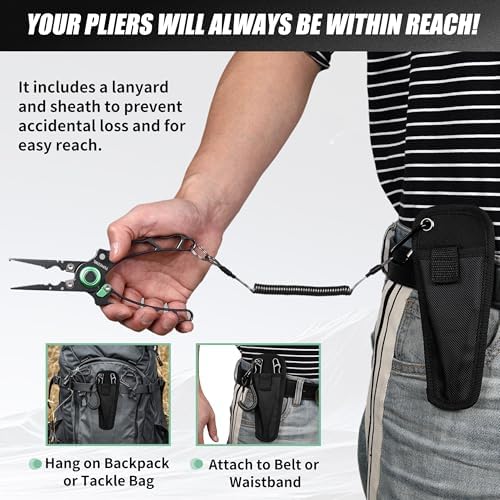 Fishing Pliers with Innovative Ergonomical Handle, Corrosion Saltwater Resistant,Fishing Multitool Hook Remover Braided Fishing Line Cutting, Split Ring with Coiled Lanyard and Sheath - Image 5