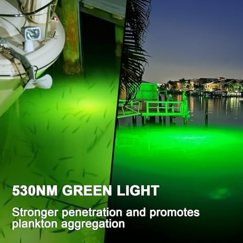 Underwater Fishing Light 120W 15000LM, 530nm Green Submersible Fish Attractant Light with 30FT Cord, 100–277V AC to 12V DC Adapter, 40FT Safety Cable, for Night Fishing, Dock, Boat - Image 2