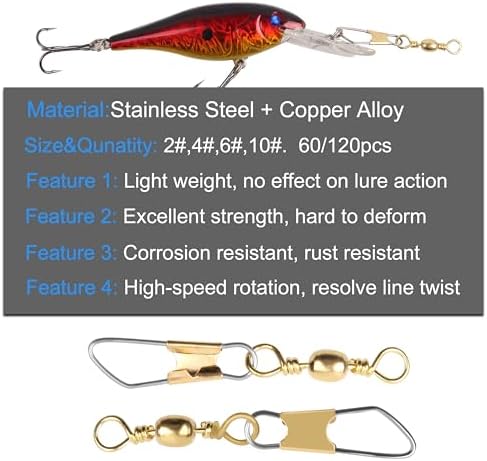 AGOOL Fishing Swivels Snaps, 60/120pcs Barrel Swivels with Nice Snaps Gold High Strength Solid Rings Line Lures Connector Fishing Tackle Accessories - Image 5