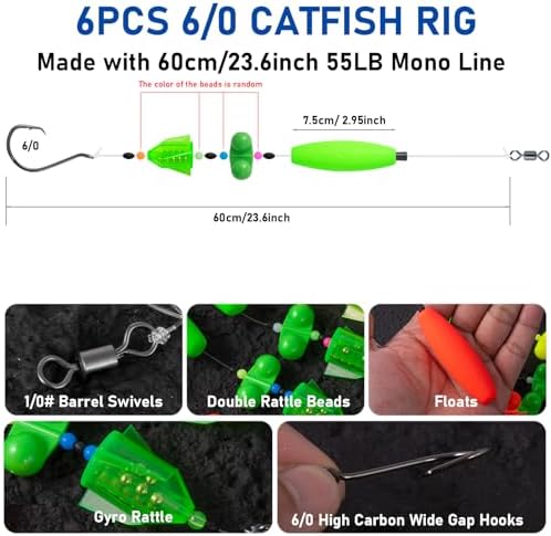 3Pcs/6Pcs Catfish Fishing Rigs Ready Kit，2 in 1 Rotating rattles/Double Rattles Beads, Float Rigs Tackle Santee Rig Peg Catfish，Free Adjustment in freshwter and Saltwater - Image 4
