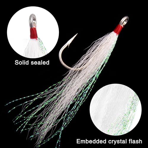 Bucktail Teasers Fishing Hooks Saltwater Flounder Rig Bucktail Mylar Teasers Inserted Stainless Steel Fishing Teaser Hooks for Striped Bass Trout Catfish Cod Flounder Hi/Lo Rig Jigs Spoons Lures - Image 2