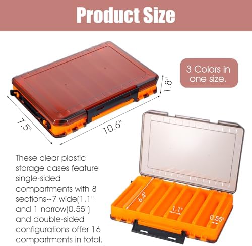 3 Pack Fishing Lure Boxes Tackle Storage Plastic Double Sided Fishing Tackle Organizer with Dividers for Hooks Crankbaits Kayak Boat Freshwater Saltwater Orange Gray Yellow 10.6" × 7.5" × 2.0" - Image 2