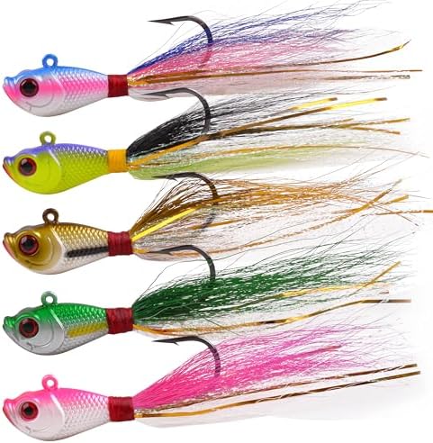 Bucktail Jigs Saltwater Fishing Lures, 5pcs Premium Bucktail Hair Jigs Head Saltwater Striper Lures for Bass Flounder Bluefish Halibut Redfish Surf Fishing 1/4oz 1/2oz 1oz 1.5oz 2oz by OROOTL
