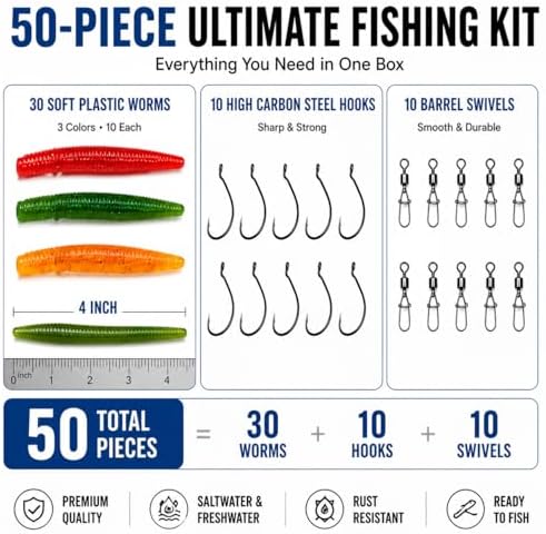 50PCS Fishing Worm Lure Kit with Hooks & Swivels – Soft Plastic Bass Fishing Lures in Red, Green & Orange, Ready-to-Fish Worm Baits for Bass, Trout, Crappie, Freshwater & Saltwater - Image 2