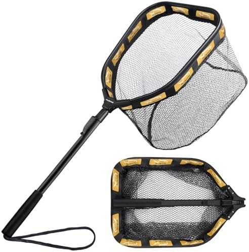 PLUSINNO Floating Fishing Net for Steelhead, Salmon, Fly, Kayak, Catfish, Bass, Trout Fishing, Rubber Coated Foldable Landing Net with Fixed or Telescoping Pole Handle, Fishing Gear and Gifts for Men by PLUSINNO