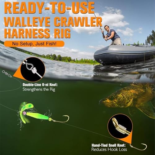 Dovesun Crawler Harness Walleye Rigs with Dual-Wing Blade, Float Walleye Spinner Rig for Slow Trolling (0.25 mph), Fluorocarbon Worm Harness, 2 Hook Walleye Fishing Rigs, 7 Pack - Image 4