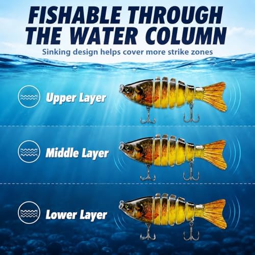 Rattling Fishing Lures 3 Pack, Multi-Jointed Swimbaits with Treble Hooks, Lifelike S-Swimming Hard Baits for Bass, Trout, Crappie & Perch - Image 6