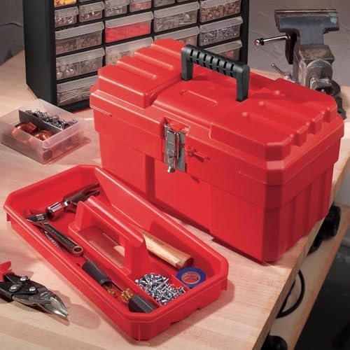 Akro-Mils 14-Inch Plastic Toolbox with Removable Tray, Steel Latch & Padlock Eye, Industrial-Grade Tool Box for Tools, Crafts, First Aid & Hobby Supplies, 14" x 8" x 8", Made in USA, Red (09514) - Image 2