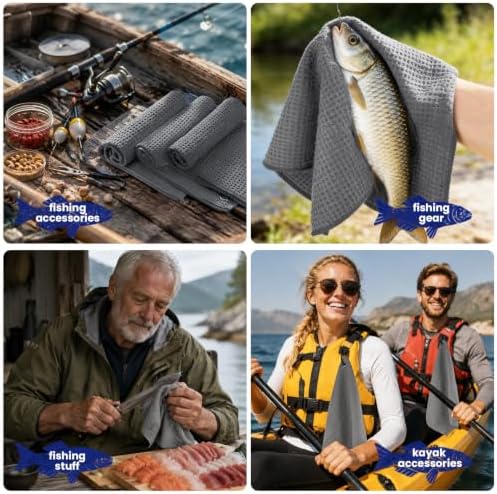 Puomue 3 Pack Microfiber Fishing Towels with Clip, 16" x 16", Waffle Pattern for Effective Cleaning of Fishing Gears or Dirty Hands, Perfect for Camping Towels and Hiking Towles (Grey, 16"x16") - Image 4