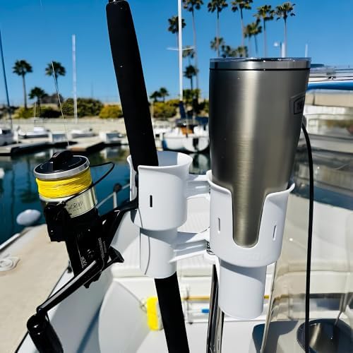 ROBOCUP, (White), Patented Clamp On Boat Cup Holder |Multifunction Dual Drink Caddy for Fishing Poles, Tools, Net, Gaff |Portable Storage for Boating, Beach, Umbrellas, Golf Carts, Strollers by RoboCup