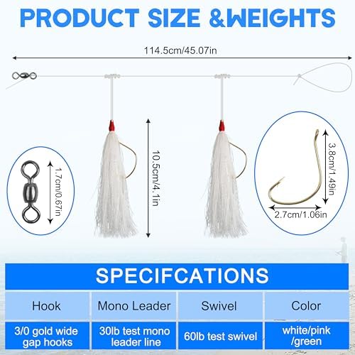 Fishing Teaser Rigs Saltwater, 3/6 Pack Flounder Rigs Hand Tied Sea Bass Hi Lo Rig Fishing Bait Rigs Multicolor Mylar Bucktail Teasers Rig for Flounder Fluke Halibut Sea Bass - Image 3
