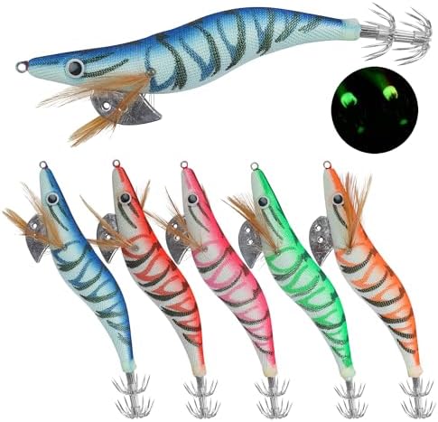 5pcs/10pcs Luminous Squid Jig Hooks Bionic Shrimps Lures Prawn Saltwater Hard Bait 3D Eyes for Octopus Jig Cuttlefish Artificial Baits Fish Tackle 3.94inch by VATEICO