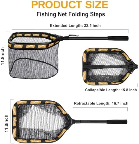 PLUSINNO Floating Fishing Net for Steelhead, Salmon, Fly, Kayak, Catfish, Bass, Trout Fishing, Rubber Coated Foldable Landing Net with Fixed or Telescoping Pole Handle, Fishing Gear and Gifts for Men - Image 3