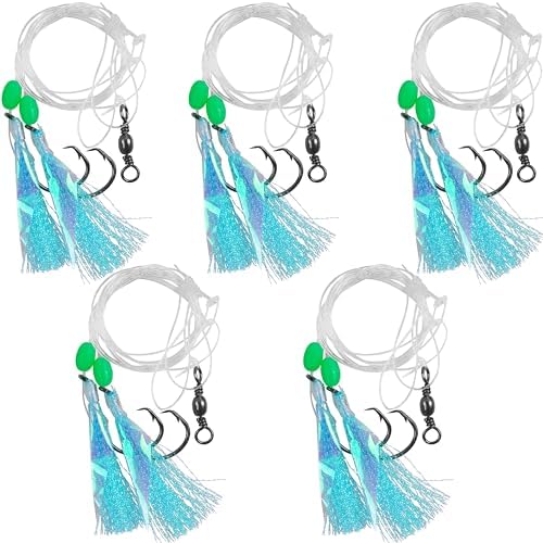 Fishing Bait Rigs Saltwater, 5/15packs Flounder Hi-Lo Rigs with Flash Teasers, 2 Hook Bottom Fishing Rigs Double Drop Surf Fishing Leaders for Flounder Sea Bass Halibut Black Fish Fishing by AGOOL