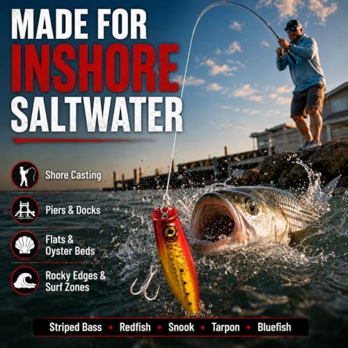 Topwater Popper Fishing Lure, 4in 0.81oz ABS Floating Saltwater Bait with BKK 3X #4 Treble Hooks, Foil-Stamped Finish for Inshore Striped Bass Redfish Snook Tarpon - Image 7