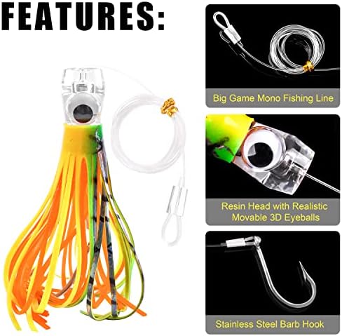 Trolling Lures Saltwater for Tuna Mahi Marlin Wahoo Dolphin Shark Offshore Trolling Baits with Squid Skirt Big Game Fishing Lures Deep Sea Squid Skirts Rig 6/9 inch - Image 2