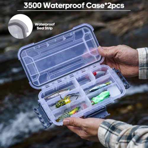 THKFISH Waterproof Double Side Tackle Box, Portable Storage Box with 2 Pack 3500 Stowaway Boxes & Rod Holders, Fishing Lure Organizer YellowPink/Green/Blue/Grey (L-Blue) - Image 6