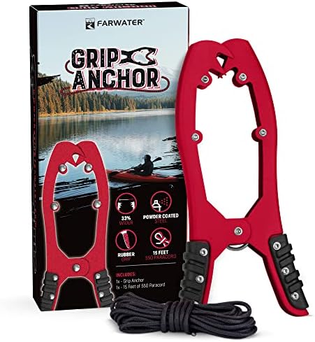 Canoe Anchor Grip - Boat, Float Tube & Kayak Fishing Accessories, Kayaking Equipment - Brush Clamp Anchor with Teeth - Gripper with 15ft Paracord - Rubber Grips - Coated Steel - by FARWATER