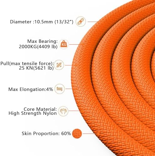 X XBEN Outdoor Climbing Rope 10M(32ft) 20M(64ft) 30M(96ft) 50M(160ft) 70M(230ft) 152M(500FT) 352M(1000FT) Static Rock Climbing Rope for Escape Rope Ice Climbing Equipment Fire Rescue Parachute - Image 3