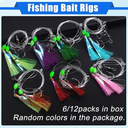 Fishing Bait Rigs Saltwater,6/12packs Flounder Rigs with Mono Leaders Swivels Hooks Beads and Fish Skin for Flounder Sea Bass Halibut Black Pompano Fishing - Image 5