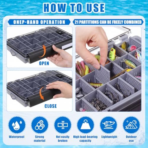 Junkin 6 Pack 3600 Fishing Tackle Boxes Waterproof, High-vis Black Lure Organizer Trays with Removable Dividers, Airtight Bait Storage Case for Bass Fishing Backpacks & Kayak Gear Accessories - Image 4