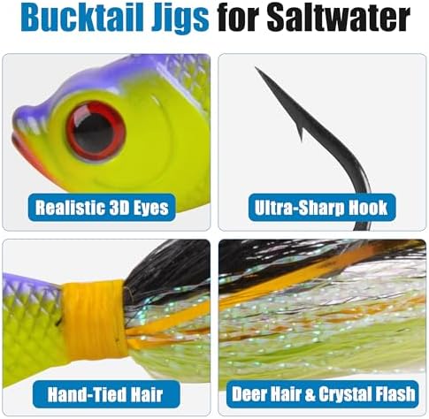 Bucktail Jigs Saltwater Fishing Lures, 5pcs Premium Bucktail Hair Jigs Head Saltwater Striper Lures for Bass Flounder Bluefish Halibut Redfish Surf Fishing 1/4oz 1/2oz 1oz 1.5oz 2oz - Image 2