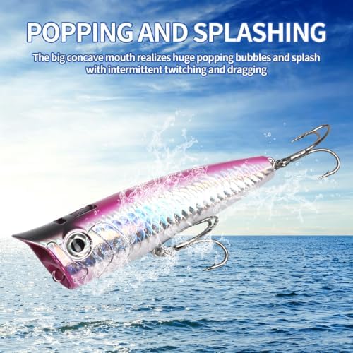Large Top Water Popper Lure: 2pcs 3D Eyes Tuna Popper Saltwater Fishing Lures for Surf Fishing Gt Tuna Kingfish Large Predator Fish - Image 4