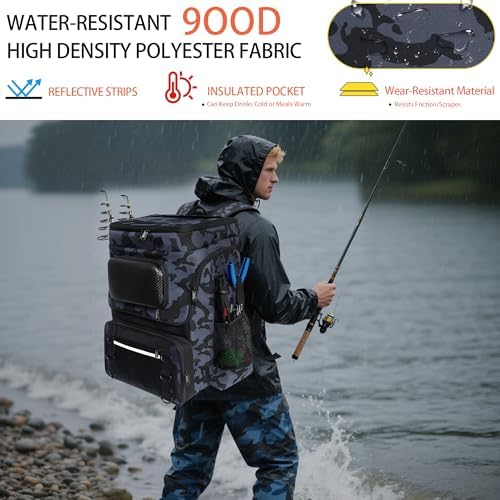 Fishing Backpack with Rod Holder and Tackle Boxes, Cooler, Large 50L Fishing Gear Bag with 139 Fishing Lures Kit, Fish Tool Set, Fish Gifts for Men Woman-Camo Backpack - Image 6
