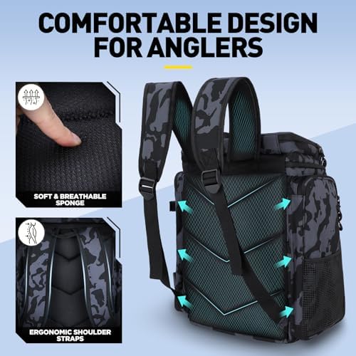 PLUSINNO Fishing Tackle Backpack with Rod Holders，42L Water-resistant Fishing Bag Store Fishing Gear, Fisher Gifts For Men. - Image 5