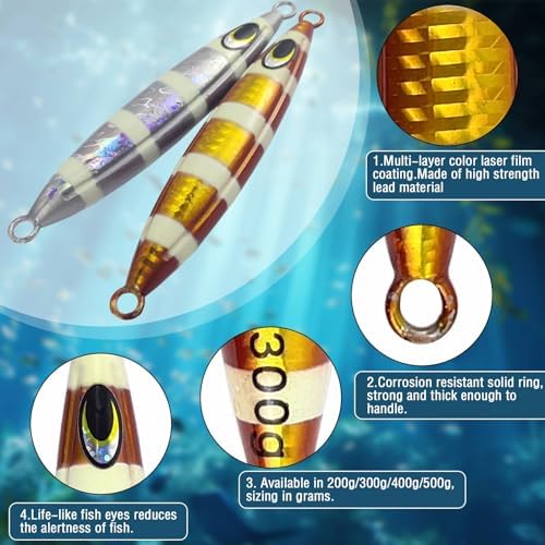 Eupheng Heavy Duty Fishing Jigs Saltwater 200g/300g/400g/500g, Glow in Dark Roller Slow Fall Lead Jig Deep Sea Fishing Jigging Lures for Tuna, Salmon, Sailfish, Grouper Snapper - Image 6