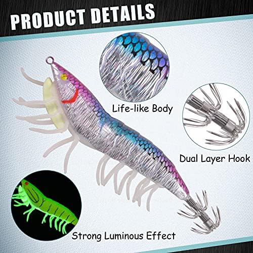 Glow Squid Jig Saltwater Squid Lures, 8pcs Luminous Shrimp Prawn Lures Fluorescent Cuttlefish Sleeve Octopus Jigs Artificial Baits for Octopus, Cuttlefish, Shrimp - Image 3