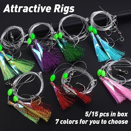 Fishing Bait Rigs Saltwater, 5/15packs Flounder Hi-Lo Rigs with Flash Teasers, 2 Hook Bottom Fishing Rigs Double Drop Surf Fishing Leaders for Flounder Sea Bass Halibut Black Fish Fishing - Image 6