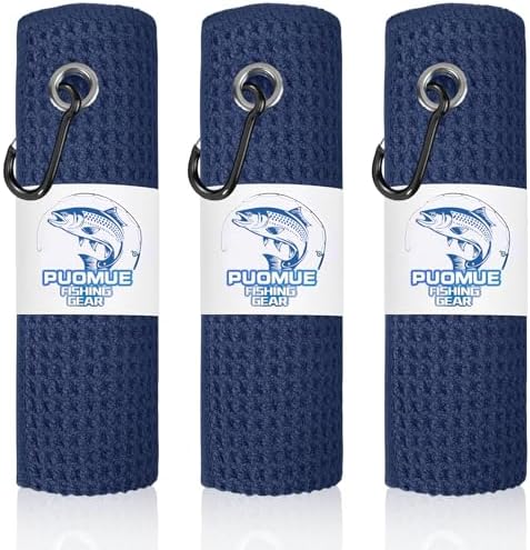 Puomue 3 Pack Microfiber Fishing Towels with Clip, 16" x 16", Waffle Pattern for Effective Cleaning of Fishing Gears or Dirty Hands, Perfect for Camping Towels and Hiking Towles (Blue, 16"x16") by Puomue