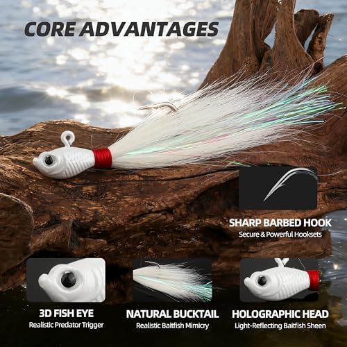 Bucktail Jig Lure 3 Pack, Deer Hair Head Jigs for Saltwater & Freshwater Fishing, Surf Boat Inshore Jigs for Striped Bass, Bluefish, Snook, Flounder, Redfish - Image 2