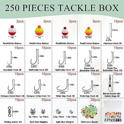Fishing Hooks Bobbers Tackle Kit, 250pcs Basic Fishing Tackle Box Included Octopus Circle Hooks Baitholder Hooks Fishing Bobbers Weights Starter Kit for Panfish Catfish Freshwater Fishing - Image 2