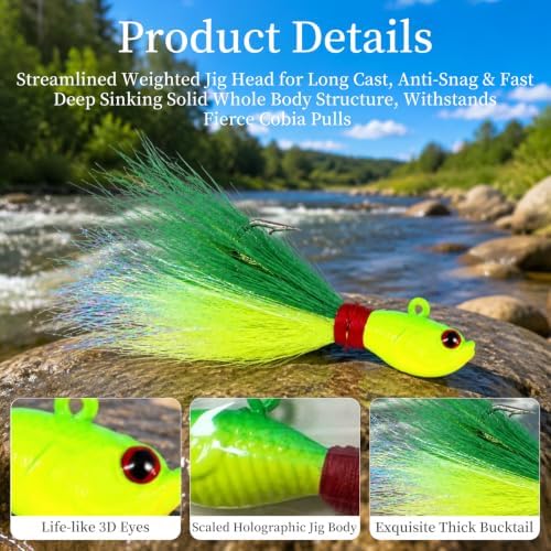 Cobia Jig, 3oz Saltwater Bucktail Jigs with Chartreuse Tail, Vertical Jigging Lures for Striper, Fluke, Flounder & Walleye - Image 3