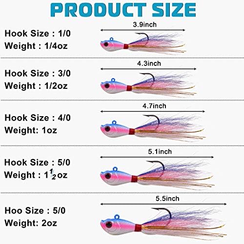 Bucktail Jigs Saltwater Lures,3/5PCS Bucktail Hair Jigs Head Fishing Lure Baits Assorted Kit for Bass Striper Bluefish Surf Fishing 1/4oz 1/2oz 1oz 1.5oz 2oz - Image 3